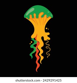 Collection of gorgeous marine animals jellyfish isolated on black background. Bundle sea jellies medusa of various types. Ocean fauna, aquatic creatures. Flat cartoon colorful vector illustration.