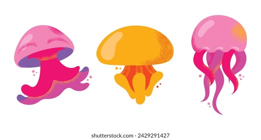 Collection of gorgeous marine animals jellyfish isolated on white background. Bundle sea jellies medusa of various types. Ocean fauna, aquatic creatures. Flat cartoon colorful vector illustration.