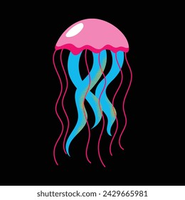 Collection of gorgeous marine animals jellyfish isolated on black background. Bundle sea jellies medusa of various types. Ocean fauna, aquatic creatures. Flat cartoon colorful vector illustration.