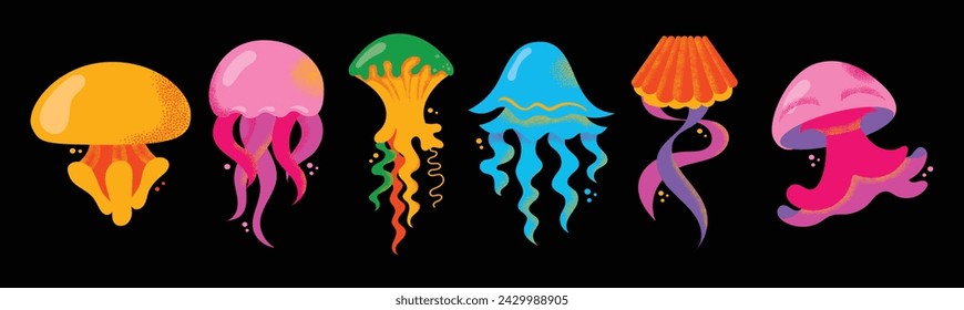 Colección de hermosos animales marinos medusas aisladas sobre fondo negro. Haz medusa de medusa de varios tipos. Fauna marina, criaturas acuáticas. Ilustración vectorial colorida de dibujos animados plana.