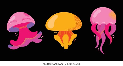 Collection of gorgeous marine animals jellyfish isolated on black background. Bundle sea jellies medusa of various types. Ocean fauna, aquatic creatures. Flat cartoon colorful vector illustration.