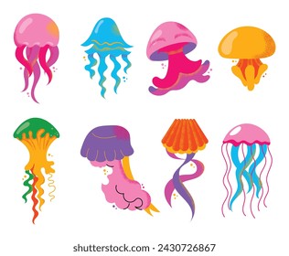 Collection of gorgeous marine animals jellyfish isolated on white background. Bundle sea jellies medusa of various types. Ocean fauna, aquatic creatures. Flat cartoon colorful vector illustration.