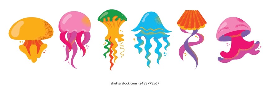 Collection of gorgeous marine animals jellyfish isolated on white background. Bundle sea jellies medusa of various types. Ocean fauna, aquatic creatures. Flat cartoon colorful vector illustration.