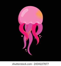 Collection of gorgeous marine animals jellyfish isolated on black background. Bundle sea jellies medusa of various types. Ocean fauna, aquatic creatures. Flat cartoon colorful vector illustration.