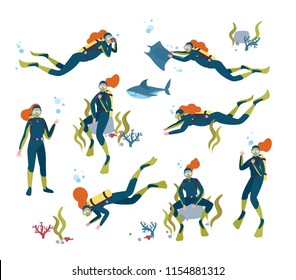 Collection of gorgeous redhead female scuba diver swimming in sea with fish and underwater animals. Bundle of beautiful woman diving in ocean. Colorful vector illustration in flat cartoon style