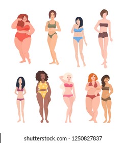 Collection of gorgeous women of different race, height and figure type dressed in swimwear. Cute female cartoon characters isolated on white background. Colorful vector illustration in flat style.