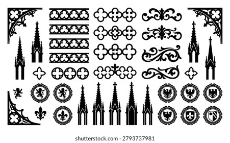 Collection of gothic architectural elements, decorative flourishes, finials, cornices, emblems and towers. Vector set.