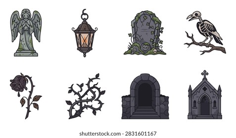 A collection of gothic cemetery themed illustrations including an angel statue, lantern, tombstone, skeleton bird, rose, thorns, crypt entrance, and mausoleum.