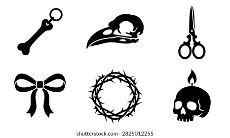 Collection of Gothic and macabre vector icons including a bone, skull, scissors, bow, crown of thorns, and bird skull