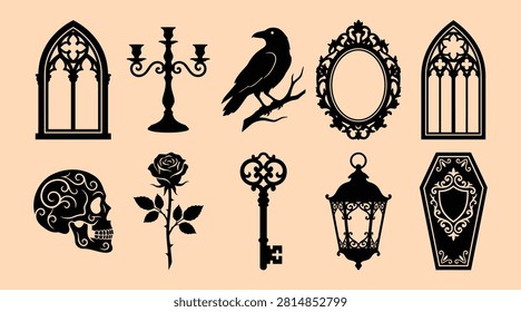 A collection of gothic style decorative elements including a ornate skull a rose a candelabra a raven on a branch a Victorian mirror frame a vintage key and more