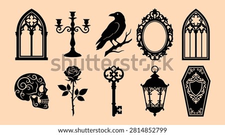 A collection of gothic style decorative elements including a ornate skull a rose a candelabra a raven on a branch a Victorian mirror frame a vintage key and more