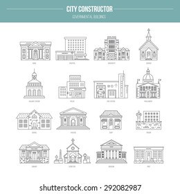 Collection of goverment building icons made in modern line style. Vector city elements for map, web or application. City constructor series. 