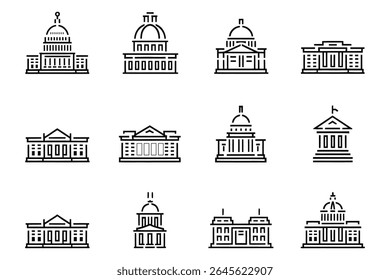 Coleção de ícones de construção do governo em um estilo de arte de linha simples. Arquitetura, governo e conceitos históricos em preto e branco.