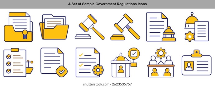 Coleção de ícones governamentais e regulamentares, lei, conformidade e administração com documentos, martelo, tribunal, engrenagens e outros símbolos relacionados em formato vetorial.