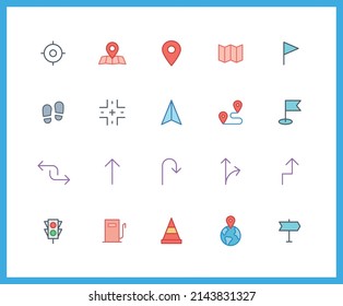 Collection of GPS color icons. Set of map symbols drawn with thin contour lines. Vector illustration.