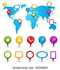 Collection of GPS and navigation icons on world map