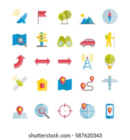 Collection of gps navigation and travel flat icons for web, mobile apps design