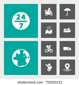 Collection Of Gps, World, Truck And Other Elements.  Set Of 10 Shipment Icons Set. 