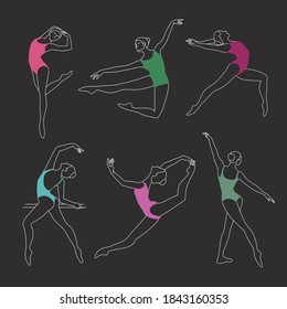 A collection of graceful ballet gymnasts, in leotards of different colors - green, pink, blue, on a dark gray background. Vector contour illustrations of sports girls with different movements.