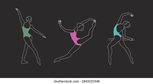 A collection of graceful ballet gymnasts, in leotards of different colors - green, pink, blue, on a dark gray background. Vector contour illustrations of sports girls with different movements.