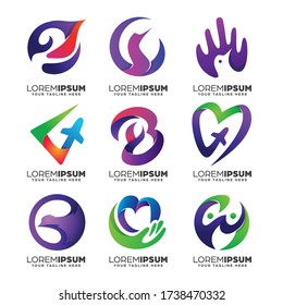 Collection of Gradient Abstract Logo Design Template Set featuring birds, hearts and hands