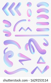 Collection of gradient blended shapes. Iridescent gradient curved stream. Set of fluids multicolour path. Creativity concept.