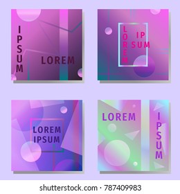 Collection of gradient cards, posters, business covers, brochures and backgrounds with geometric shapes and text samples. Abstract graphic design templates in pink, purple, green and blue colors.