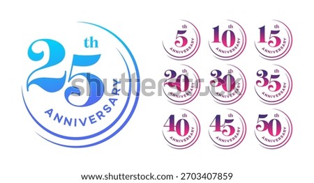 Collection of gradient colored anniversary celebration logos, including 5, 10, 15, 20, 25, 30, 35, 40, 45, 50 year milestones. Perfect for event invitations or branding.