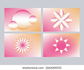  Collection of gradient geometric shapes in pink and orange hues, featuring circles, flowers, and star forms, perfect for abstract art, backgrounds, and modern graphic design elements.
