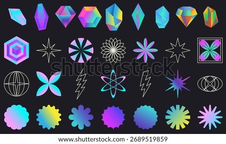 Collection of Gradient geometric shapes set - vibrant holographic crystals, abstract geometric symbols for modern design, digital art, posters, stickers, UI elements, and sci-fi branding
