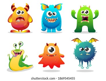 Collection of gradient monster characters. Set of cartoon monsters: goblin or troll, cyclops, ghost, monsters and aliens.