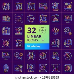 Collection of gradient outline icons, 3D printing and 3D modeling. Suitable for infographics, websites, print media and interfaces