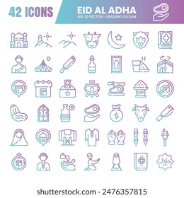 A collection of gradient outline icons celebrating Eid al-Adha, featuring symbols like sheep, mosques, and crescent moons. Perfect for digital and print media.