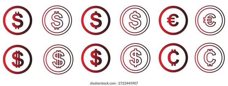 Colección de íconos de moneda roja degradados con símbolos de dólar, euro y cedi en estilos sólidos y de contorno