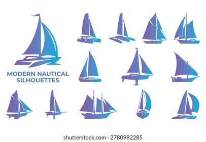 Collection of gradient sailboat silhouettes for marine and travel design. Yacht illustrations.