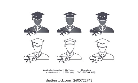 Collection of graduate student icons. graduated student symbols. Graduate students with square caps or graduation academic attire