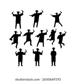 Collection of Graduates Celebrating silhouette icon vector flat illustration on white background.