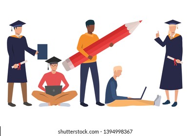 Collection of graduating art faculty students. Flat cartoon characters learning new things. Vector illustration can be used for advertisement, promo, leaflet