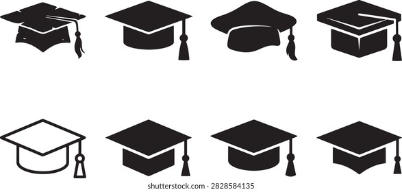 Collection of graduation cap icons featuring various academic mortarboard styles for commencement ceremonies.
