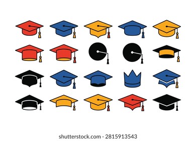 Collection of graduation caps, diplomas, and academic icons. Symbols of success and educational attainment.