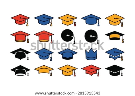 Collection of graduation caps, diplomas, and academic icons. Symbols of success and educational attainment.