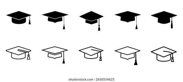 Collection of graduation caps and tassels in black silhouette and outline styles on white background