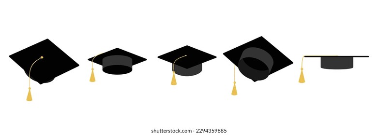 Colección de sombrero de graduación. Icono del gorro de graduación, logotipo de sombrero de graduación universitaria o universitaria, diploma de título de graduación, ilustración vectorial