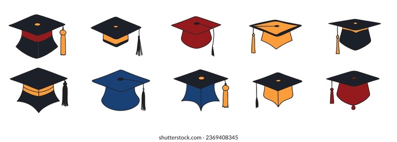 Collection of graduation hats, colored outline. Hand drawn graduation cup isolated on white background. Outline graduation symbol in doodle style. Vector illustration.