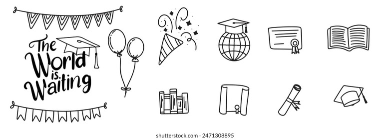 Collection of graduation icons set. Graduate set icons in doodle style. Hand drawn vector art.