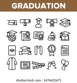 Collection Graduation Thin Line Icons Set Vector. Certificate And Diploma, School, College Or University Graduation Elements Linear Pictograms. Academic Details Monochrome Contour Illustrations