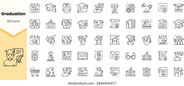 Uma coleção de ícones com temas de graduação apresentando diplomas, bonés, troféus e muito mais, simbolizando realizações e celebrações em vários contextos educacionais.