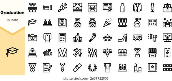 A collection of graduation-themed icons featuring hats, diplomas, trophies, and celebratory elements, ideal for education and achievement-themed designs.