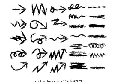 Colección de flechas de graffiti y líneas de garabato. Elementos de diseño de grunge aislados sobre fondo blanco. Flechas y líneas de medios secos, flechas dibujadas desordenadas, flechas de puntero de pincel y trazos. Vector.