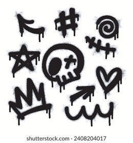 Collection of graffiti image symbols. Spray painted graffiti pattern with exclamation marks, question marks, arrows, crown hearts, stars, fences, skulls and fists. Spray paint element.
